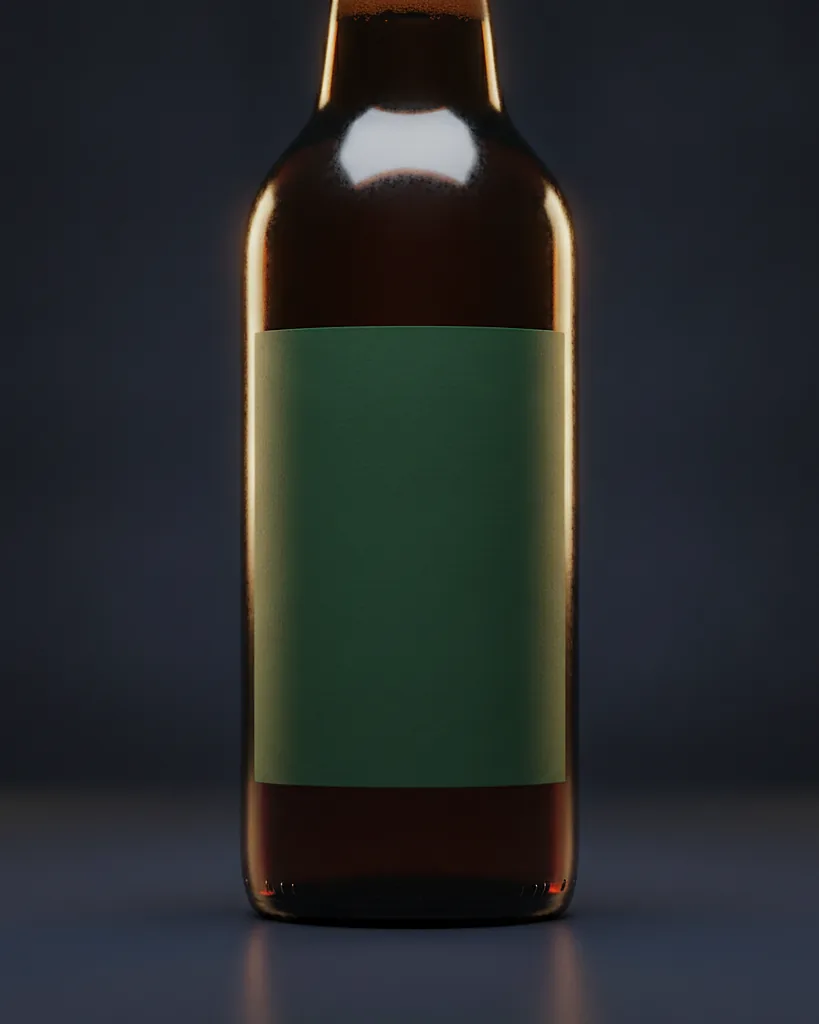 Custom beer label, matte art paper with gloss lamination, wet-strength adhesive, on a dark navy studio backdrop