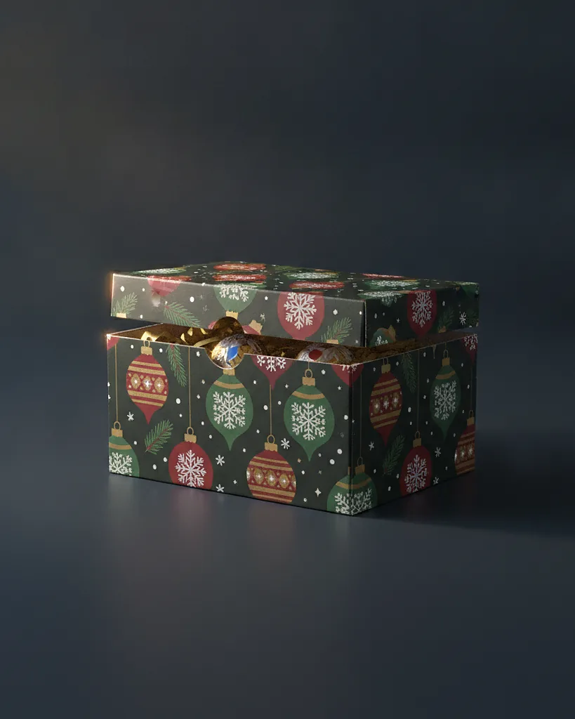 Custom Christmas / holiday box, 32 ECT corrugated, holiday print run, on a dark navy studio backdrop