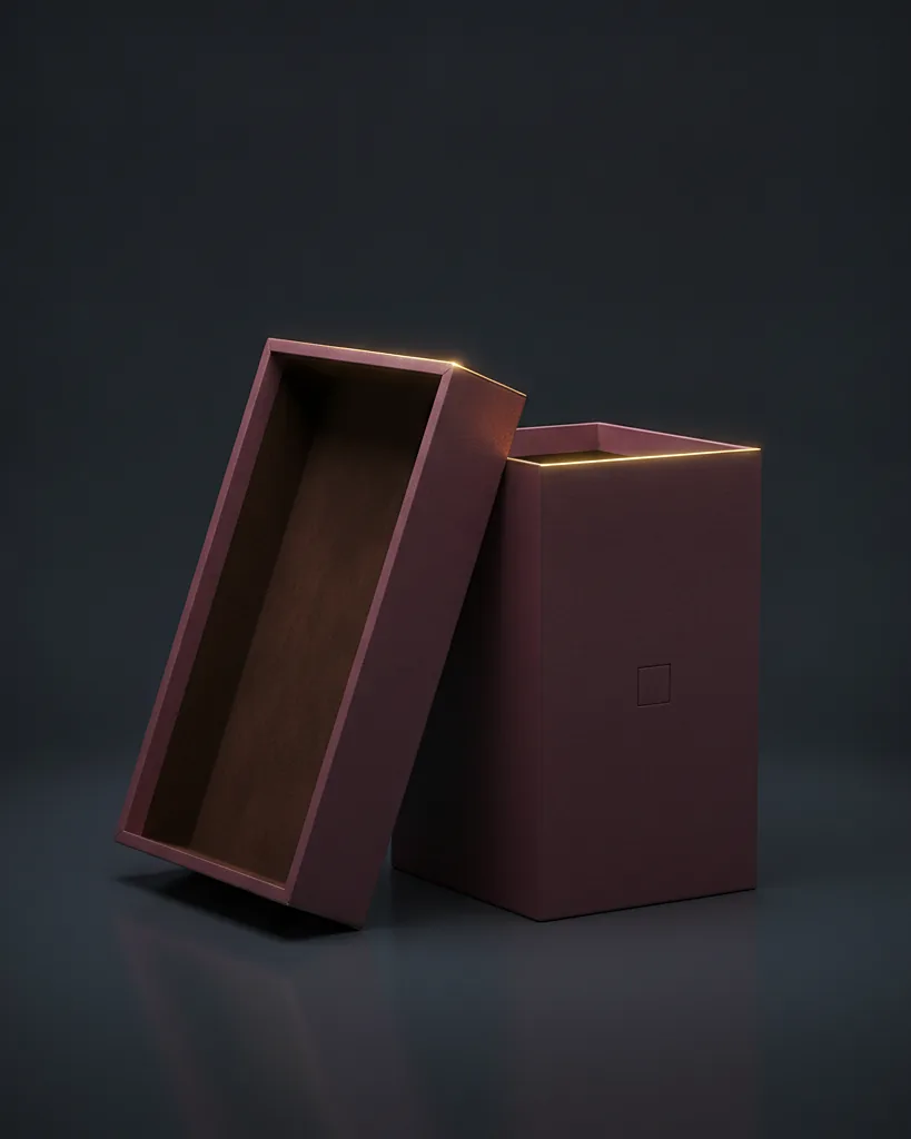 Custom cigar box, rigid board, cedar veneer liner, on a dark navy studio backdrop