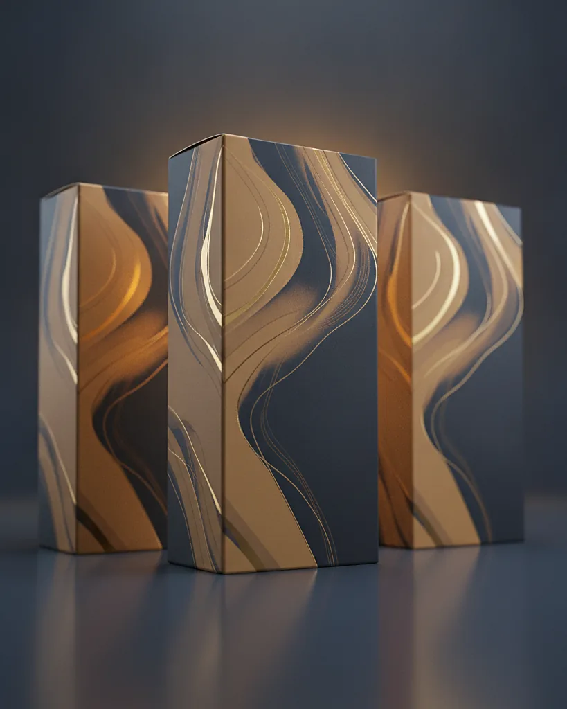 Custom e-liquid boxes, 18pt SBS, on a dark navy studio backdrop