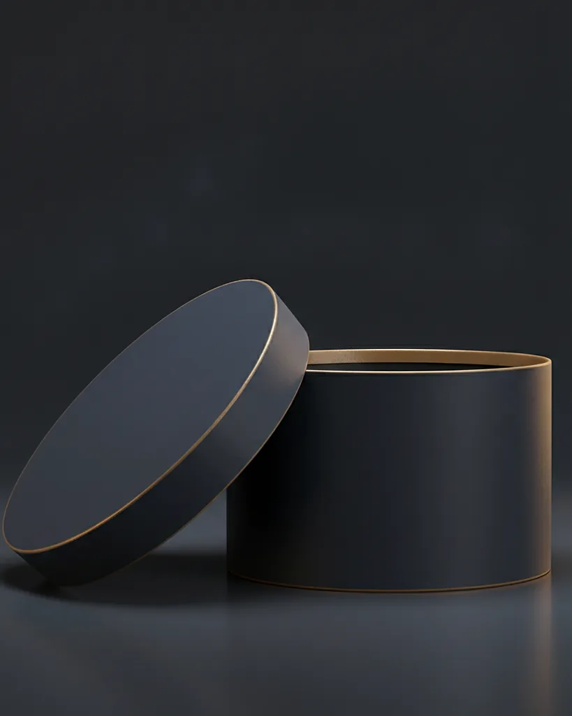 Custom hat box, 1200 gsm rigid board, round construction, on a dark navy studio backdrop