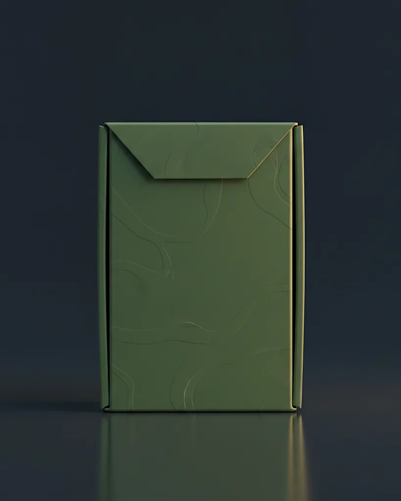 Custom hemp product box, 18pt SBS, compliance panel layout, on a dark navy studio backdrop