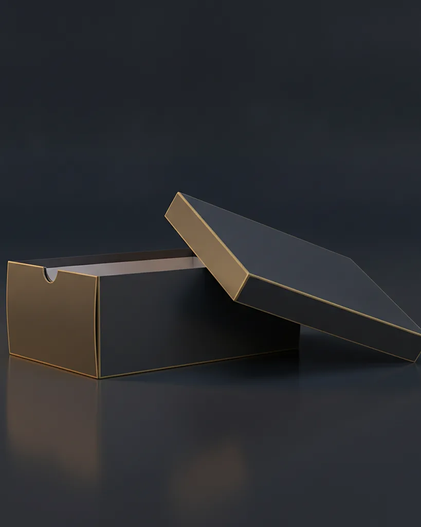 Custom shoe box, 32pt rigid board, lid-and-base construction, on a dark navy studio backdrop