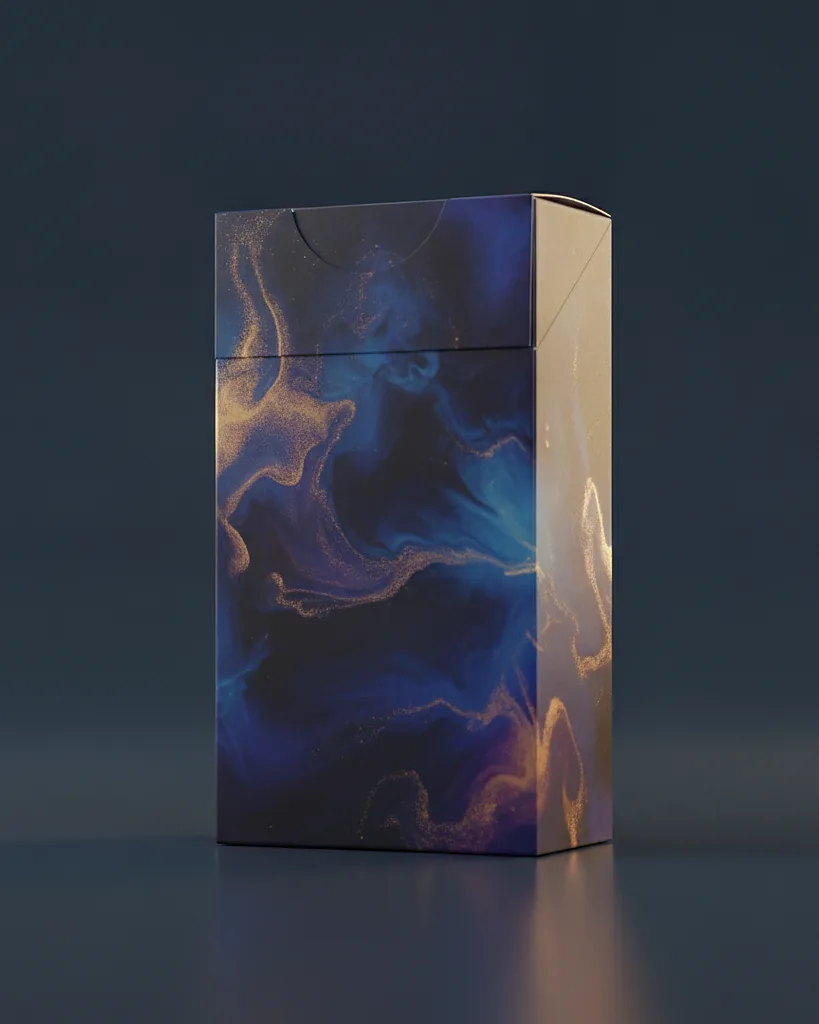 Custom vape box, 18pt SBS, fitted cradle insert, on a dark navy studio backdrop
