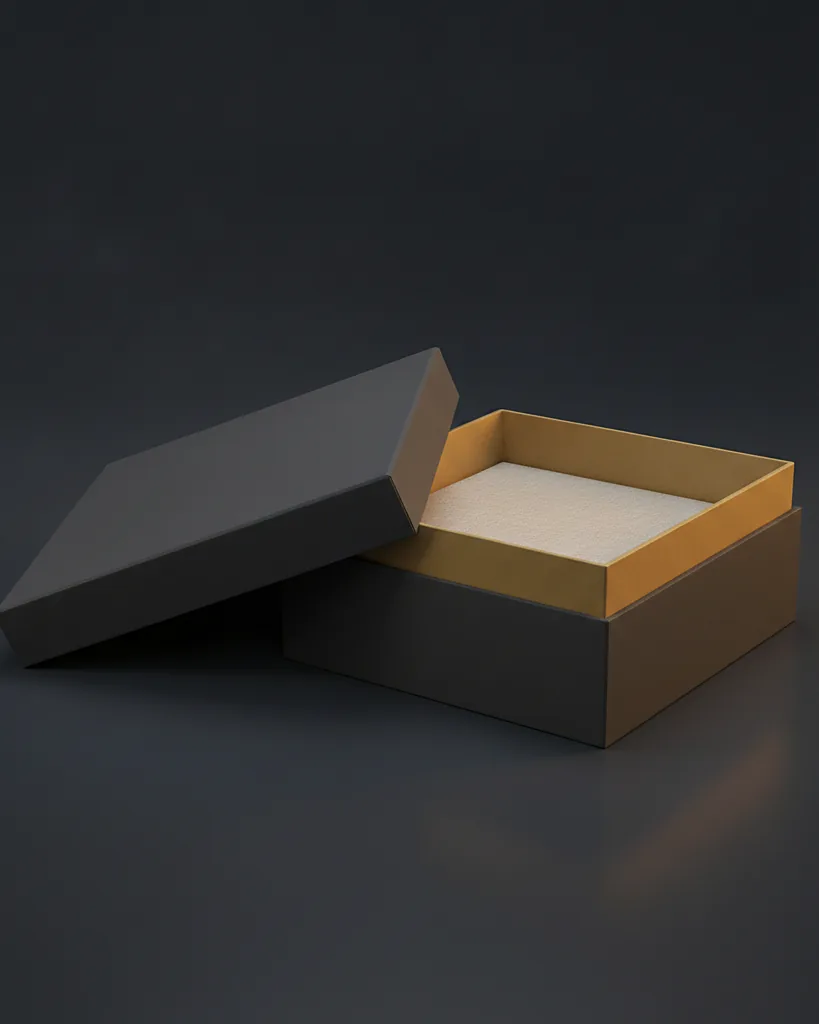 Custom gift set box, 1200 gsm, tissue ready, on a dark navy studio backdrop
