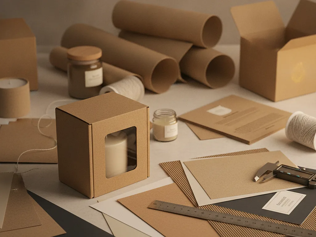 Custom kraft candle box with a window, paper tubes and board swatches on a workbench