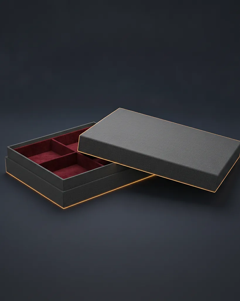 Custom hinged lid box, 1200 gsm, linen, on a dark navy studio backdrop