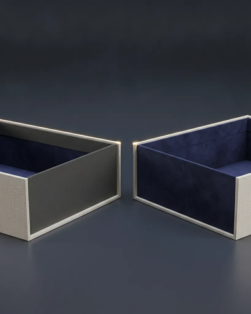 Custom hinged lid box, close-up of the edge, surface texture and finish