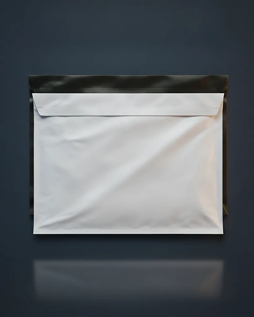 Custom poly mailer, poly film, on a dark navy studio backdrop