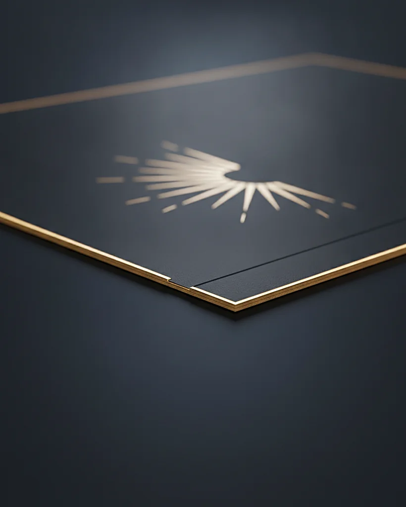Custom presentation folder, 18pt SBS paperboard, spot UV finish, business card slits, on a dark navy studio backdrop