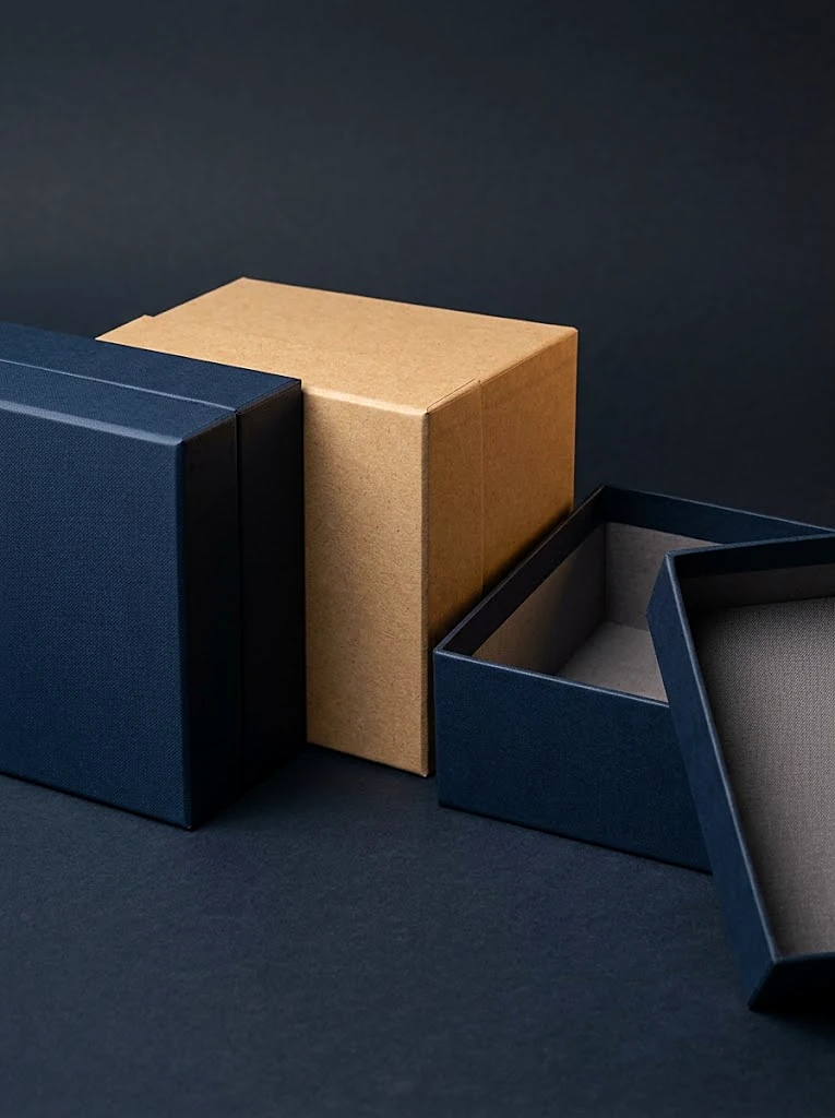 Custom navy and kraft rigid boxes with lids
