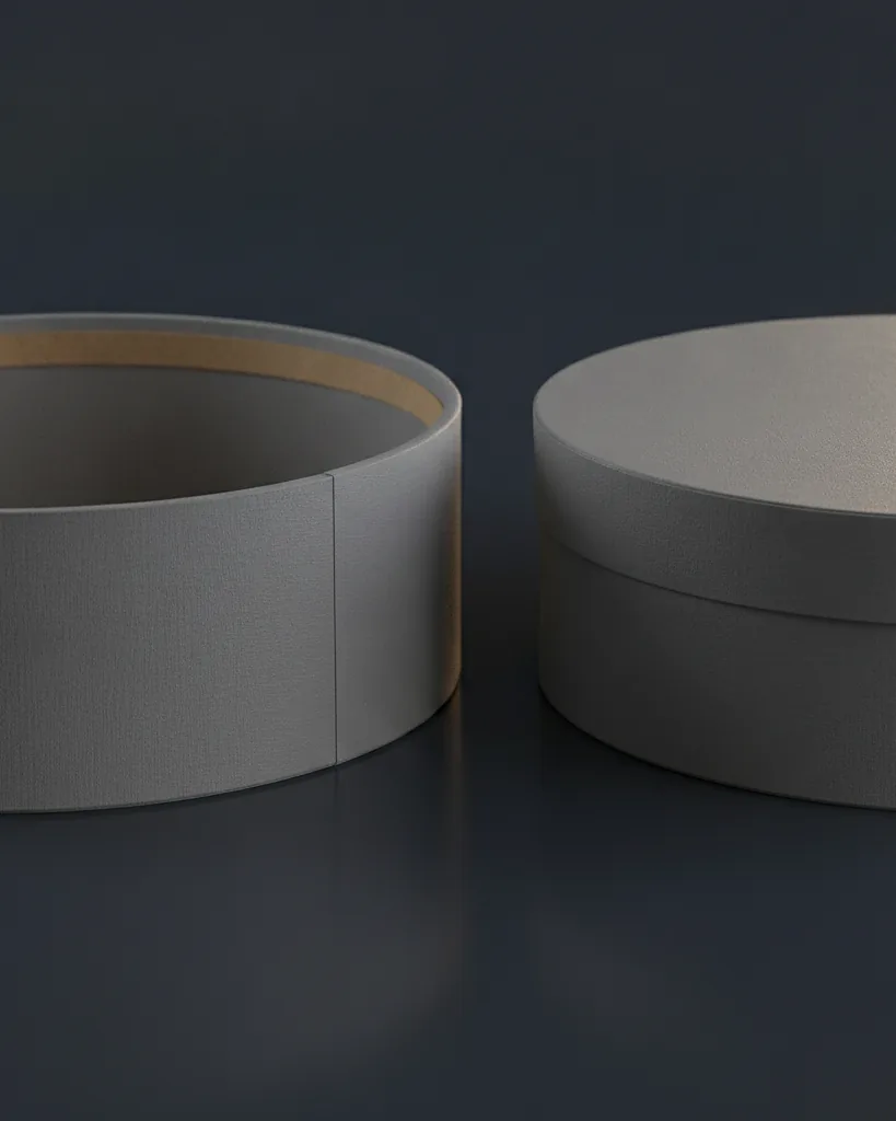 Custom round rigid box, close-up of the edge, surface texture and finish