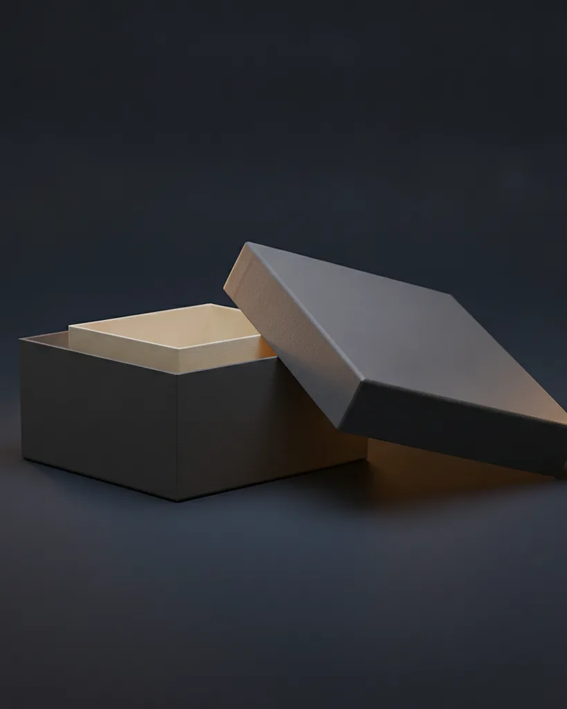 Custom shoulder box, 1500 gsm board, on a dark navy studio backdrop