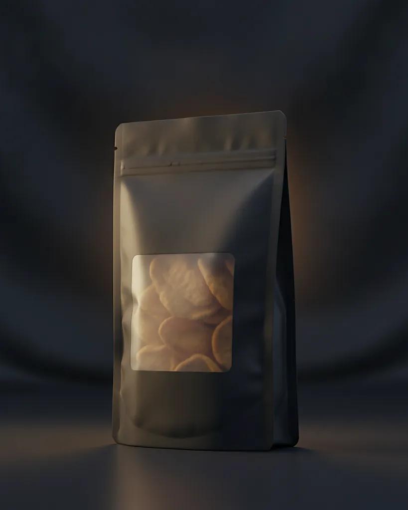 Custom snack pouch, clear window laminate, on a dark navy studio backdrop