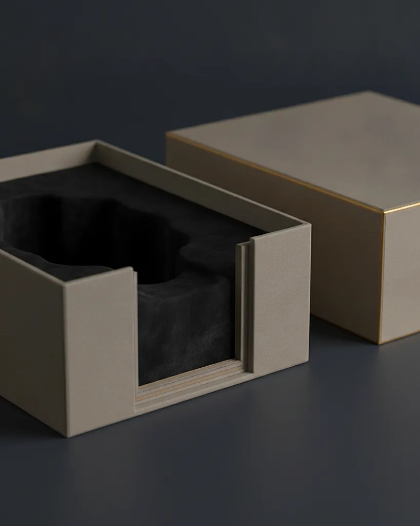 Custom spirits presentation box, close-up of the edge, surface texture and finish