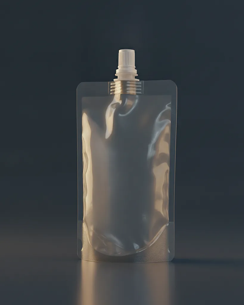 Custom spouted pouch, laminate with spout, on a dark navy studio backdrop