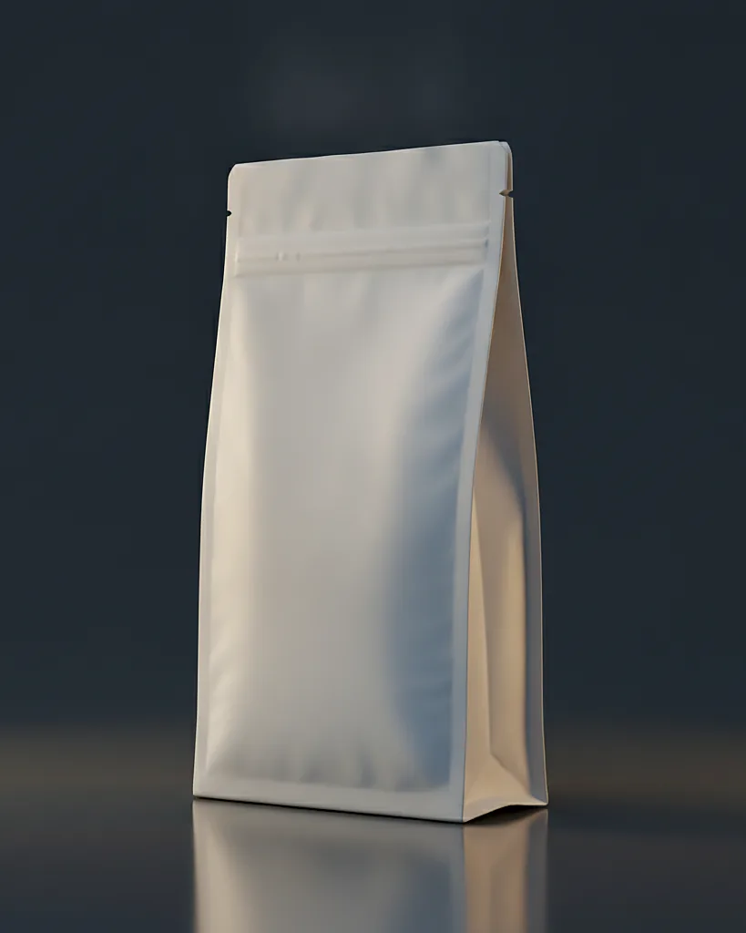 Custom supplement pouch, foil laminate, zipper, on a dark navy studio backdrop
