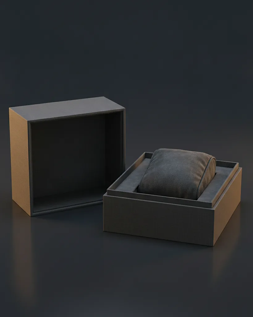 Custom watch box, 1500 gsm, cushion insert, on a dark navy studio backdrop
